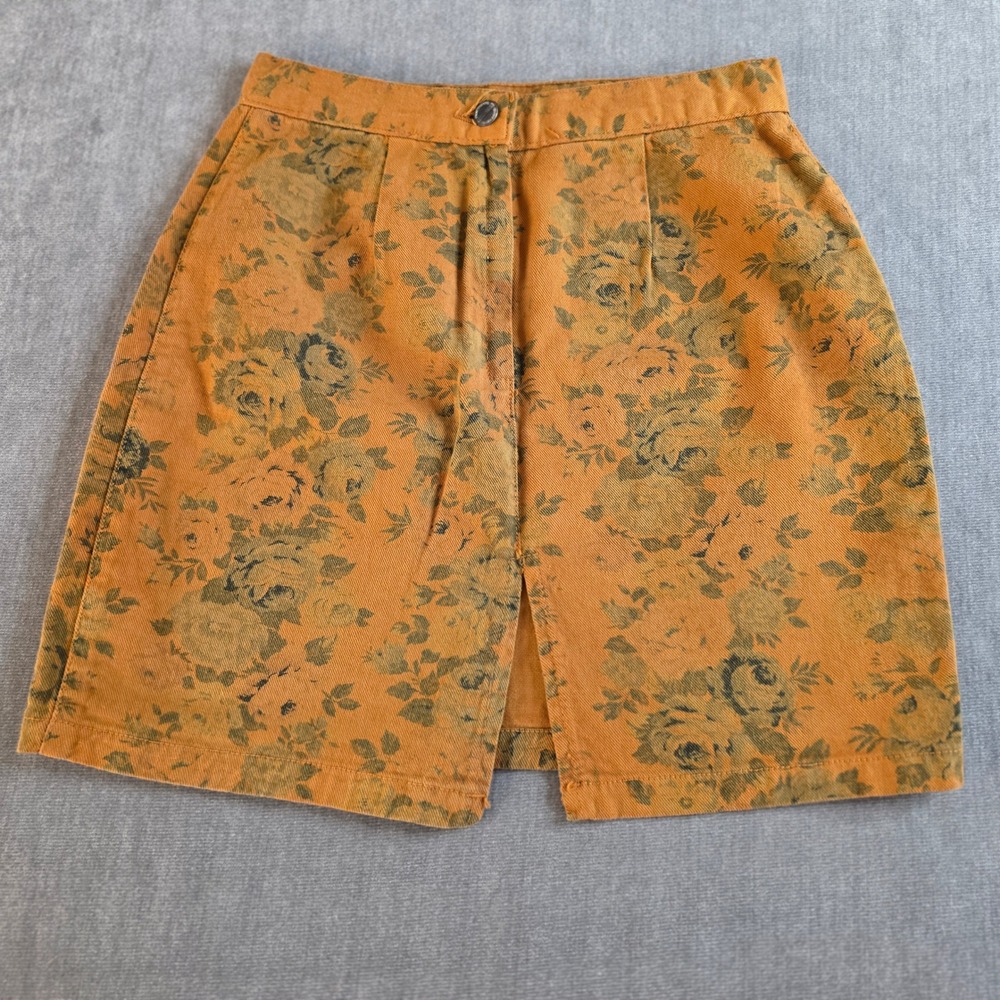 Palmetto's Floral Denim Mini Skirt Womens sz 11 Mustard Yellow Vintage 90s Boho
